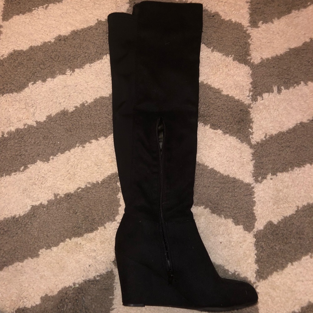 Black suede wedge heel boots